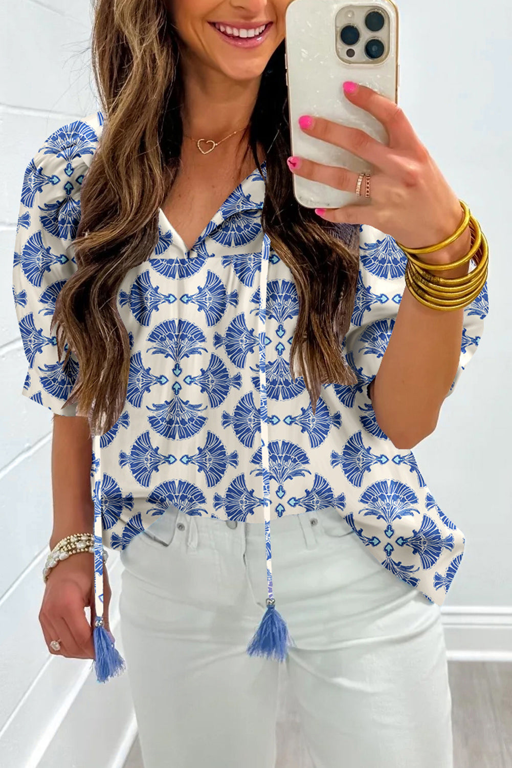 Blue Geometric Print Tassel Drawstring V-Neck Blouse eAura