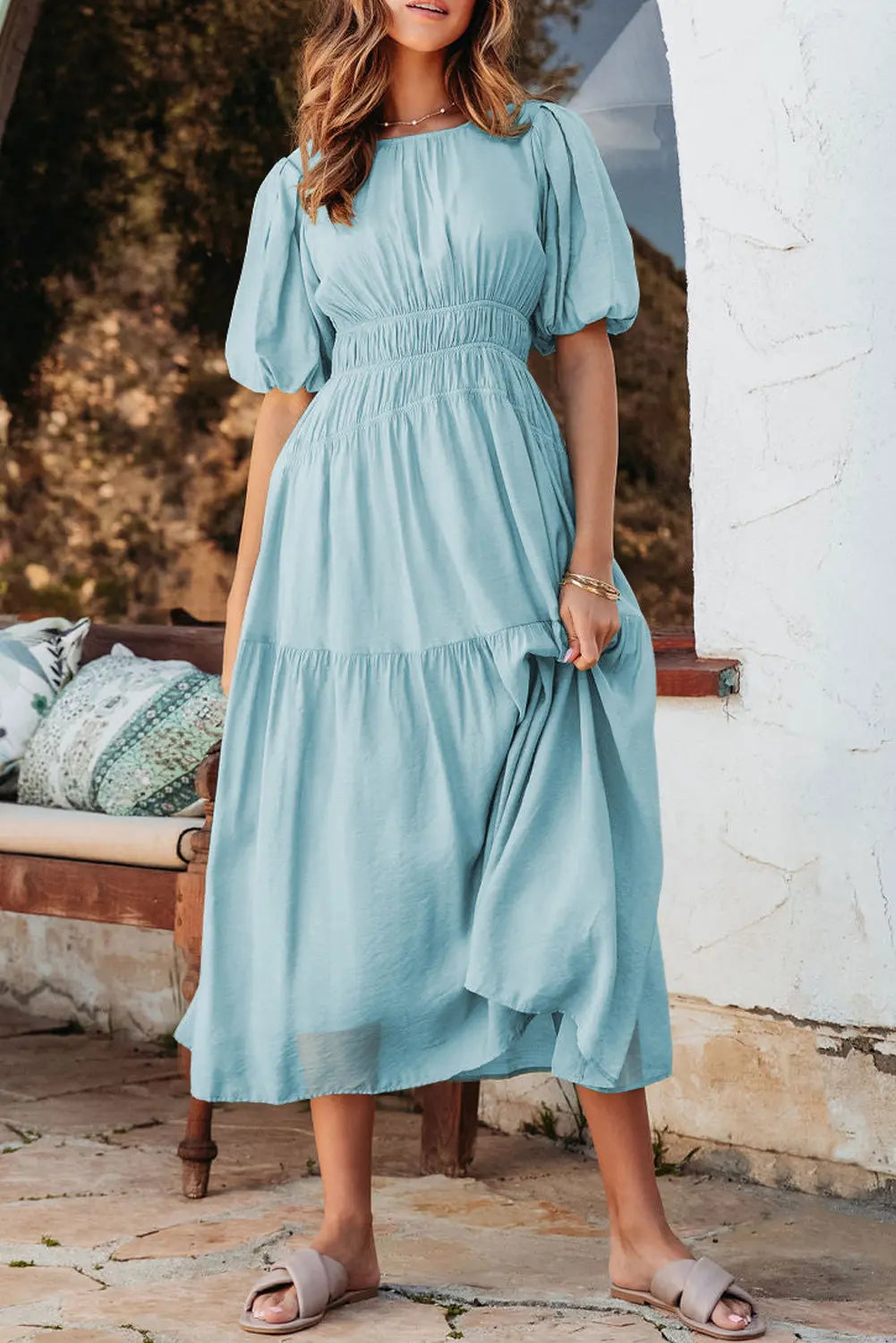 Puff Sleeve High Waist Flowy Chiffon Lined Midi Dress
