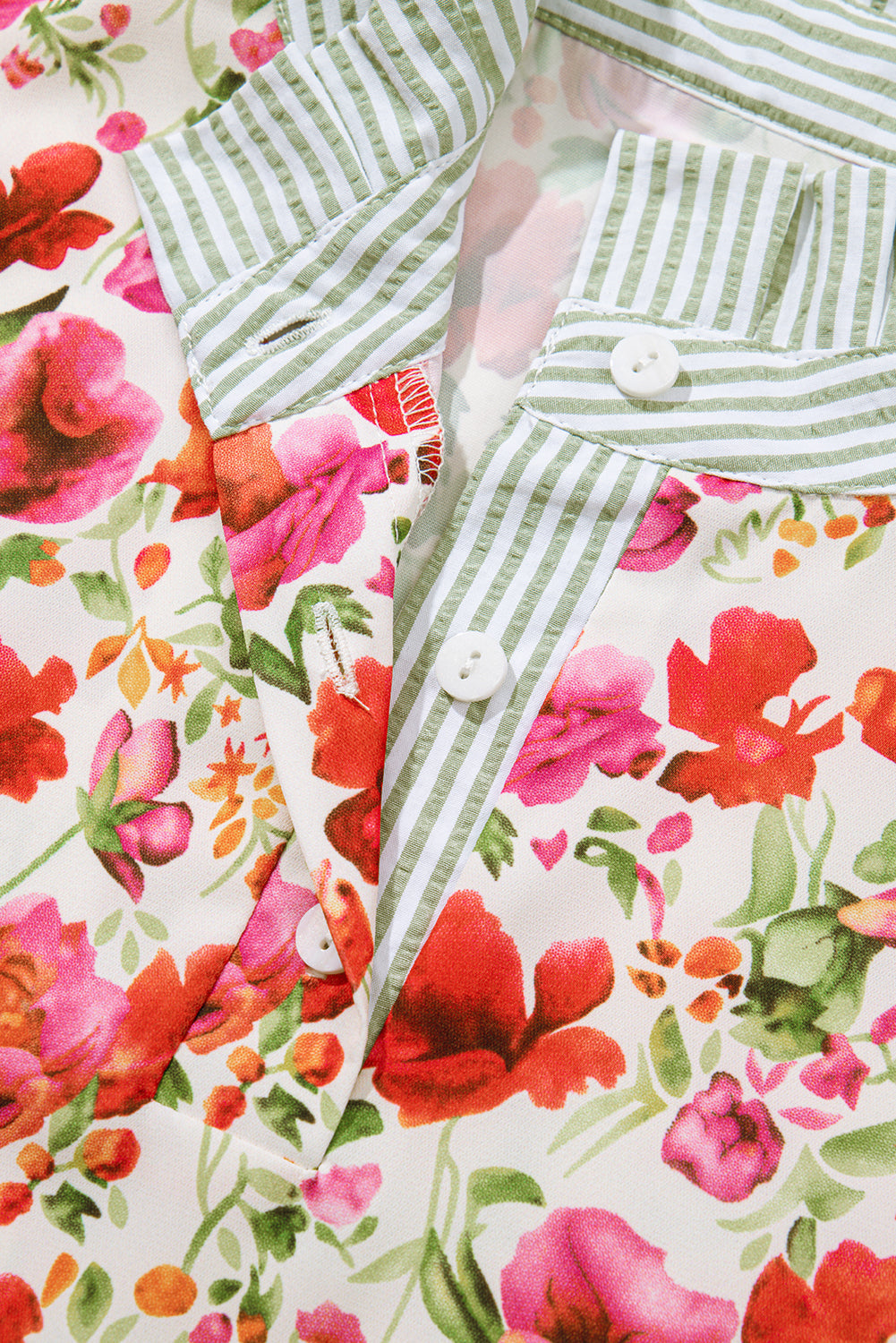 Red Floral Print Striped Patchwork Collared Short Sleeve Blouse eAura