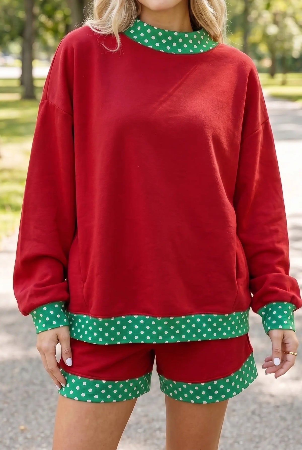 Gingham Trim Baggy Pullover 2pcs Short Set – Fiery Red