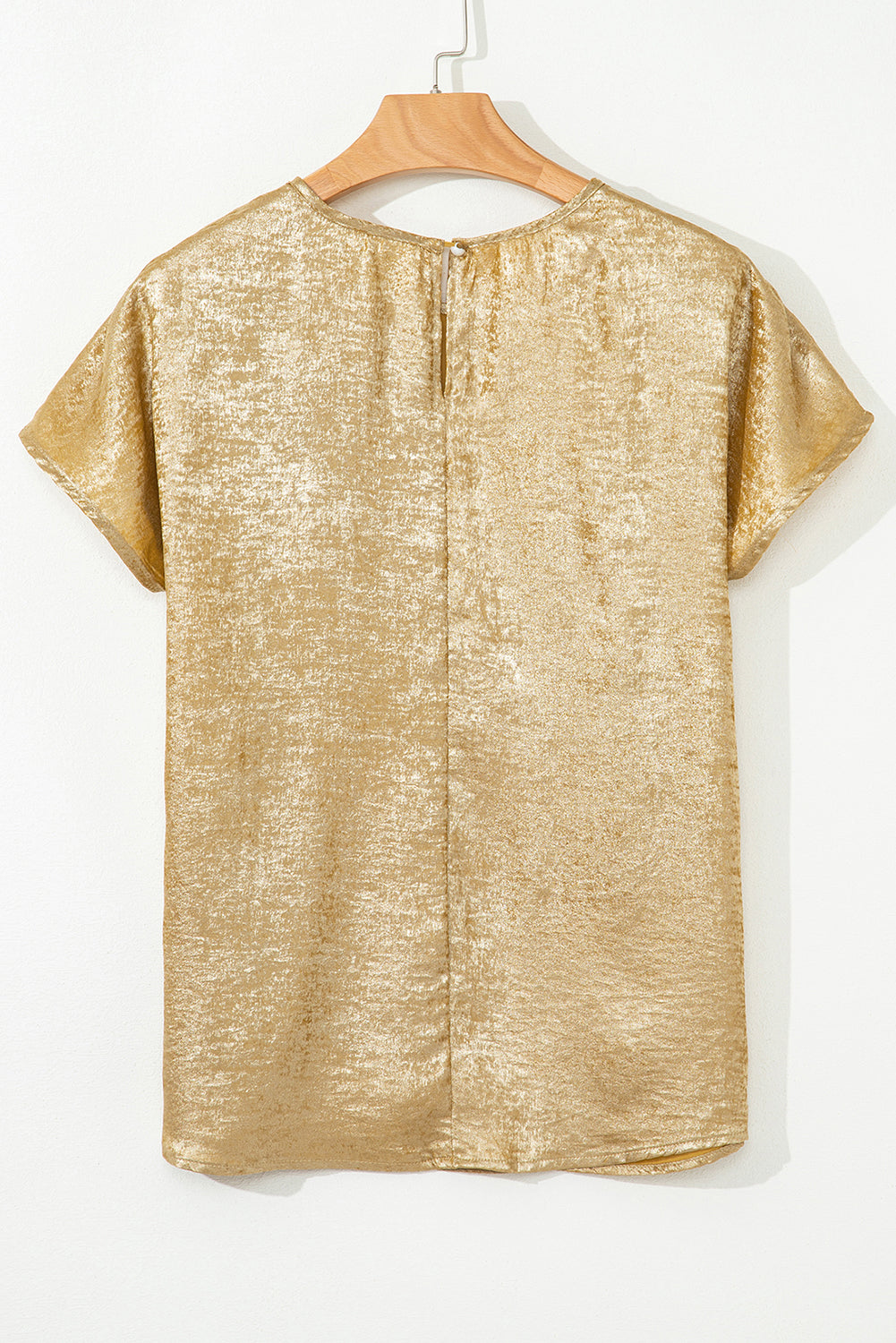 Gold Glossy Round Neck Pleated Detail Short Sleeve Blouse eAura
