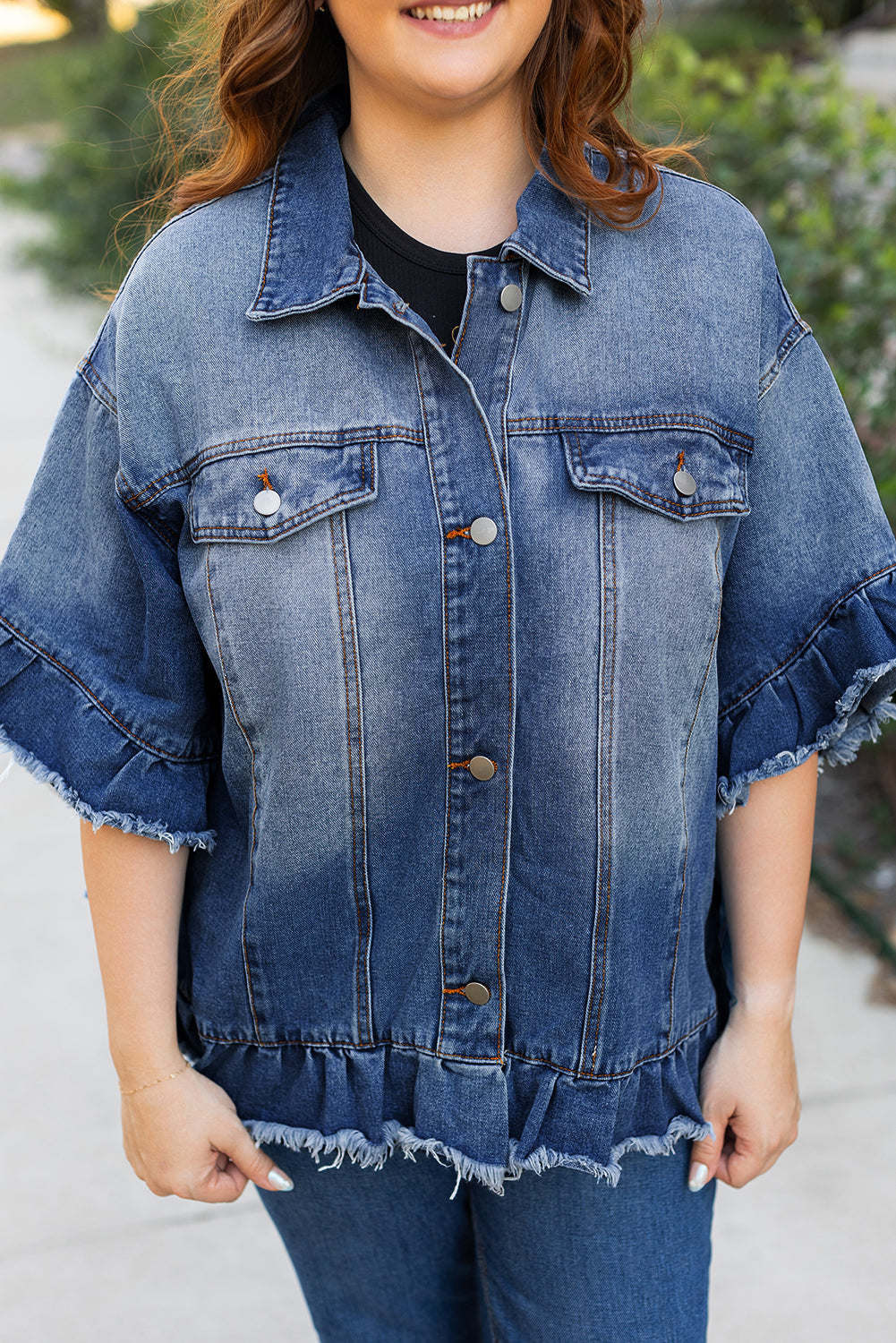 Peacock Blue Ruffled Frayed Short Sleeve Plus Size Denim Jacket Beagle Boutique Fashion Outlet