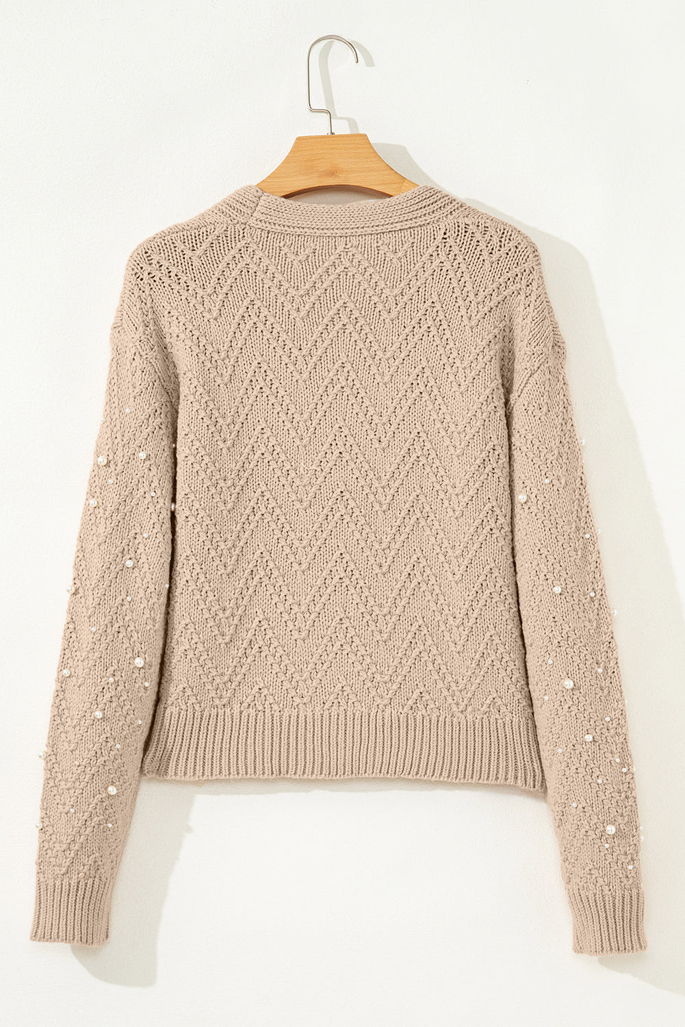 Pearl Embellished Buttoned V-Neck Knit Cardigan