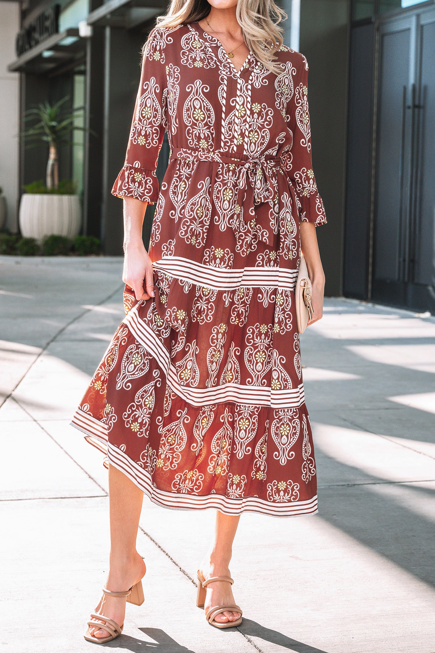 Floral Print Belted Striped Trim Tiered Maxi Dress