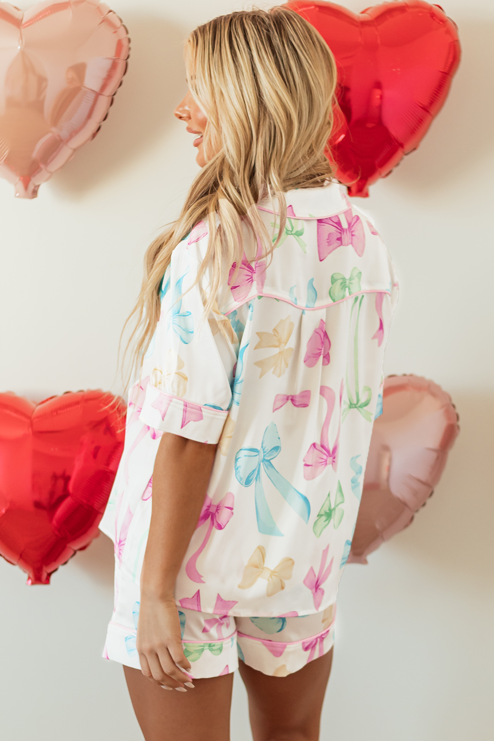 White Bowknot Print Buttoned Shirt High Waist Shorts Pyjama Set eAura