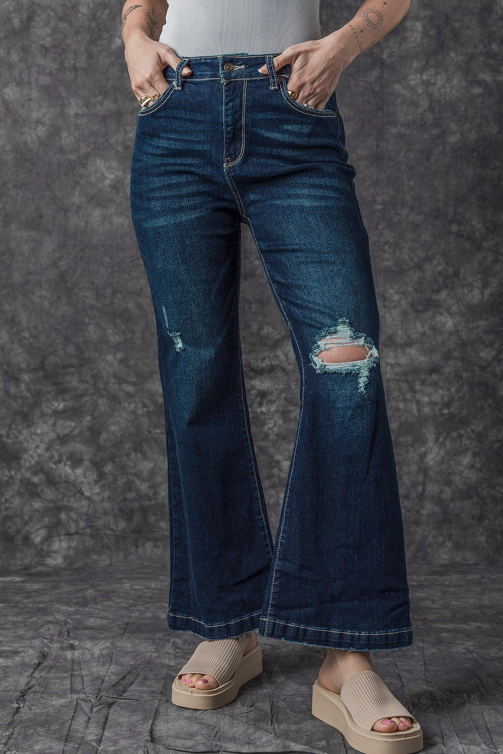 Real Teal High Rise Ripped Bell Bottom Jeans Beagle Boutique Fashion Outlet