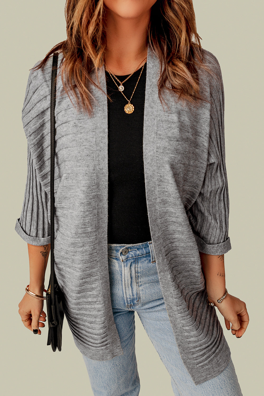 Grey Ribbed Open Front Knit Cardigan eAura
