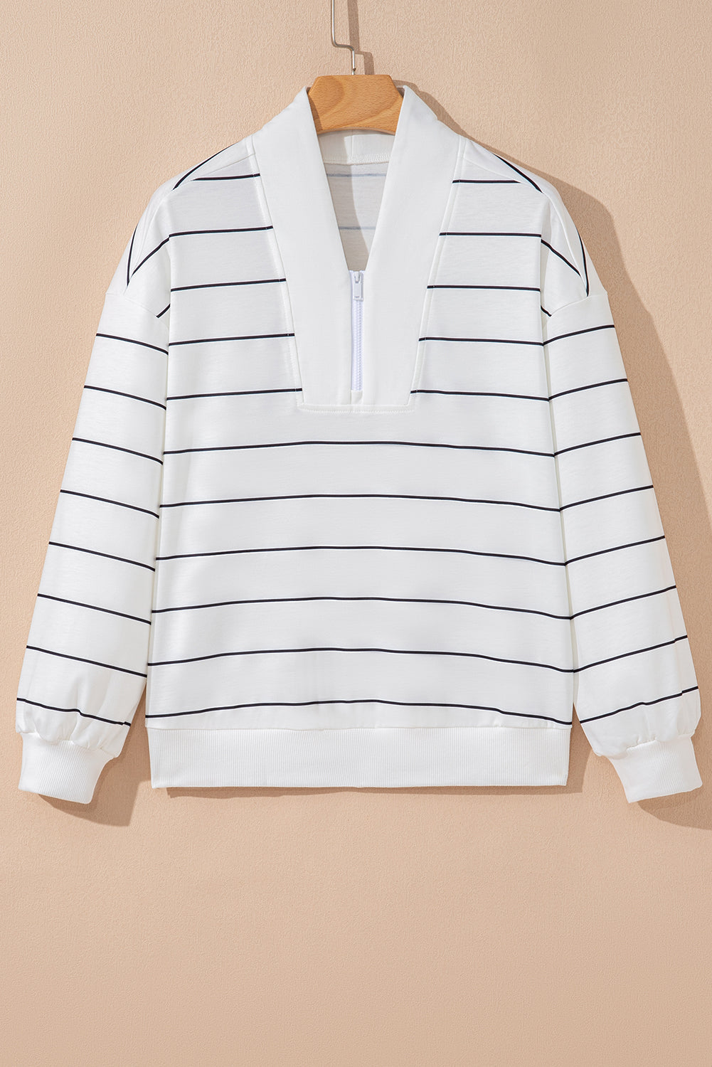 Zip V-Neck Stripe Print Drop Shoulder Long Sleeve Top - eAura