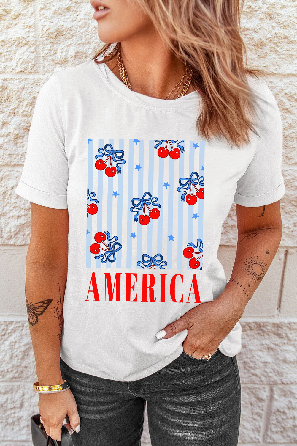 White Bow Cherry AMERICA Graphic Crewneck T Shirt eAura