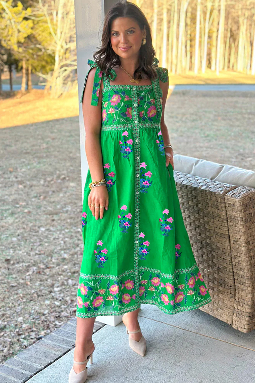 Green Floral Print Contrast Trim Knotted Straps Midi Dress eAura