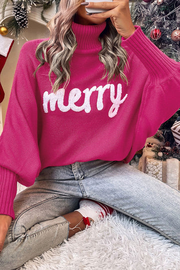 Racing Red Valentine LOVE Letter Embroidered High Neck Sweater eAura
