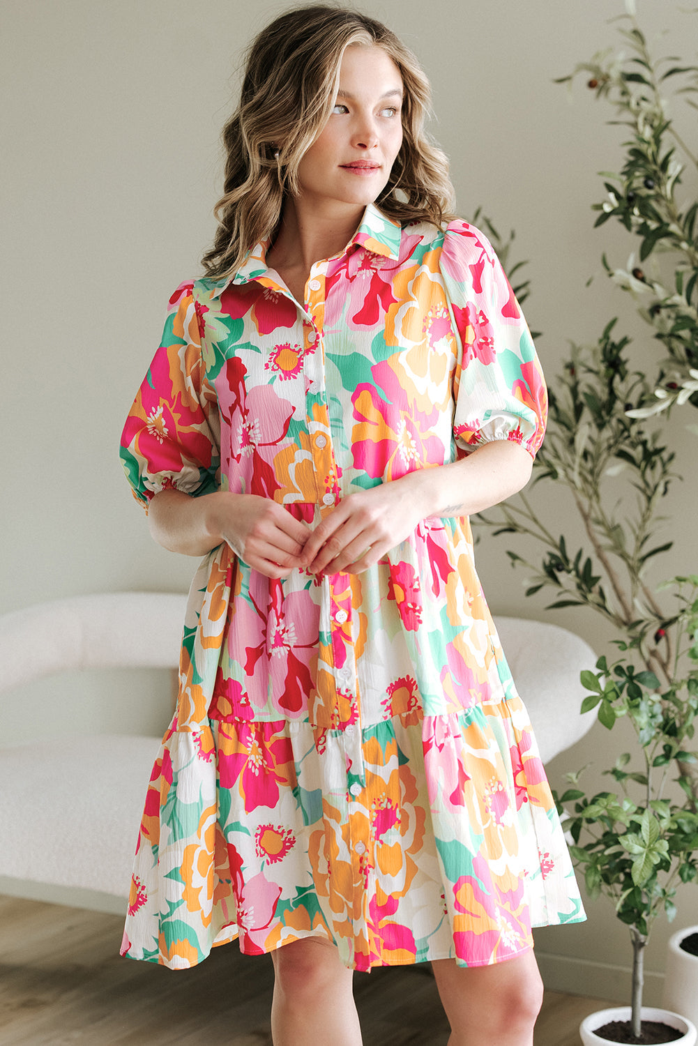 Green Floral Puff Sleeve Collar Buttoned Babydoll Dress eAura