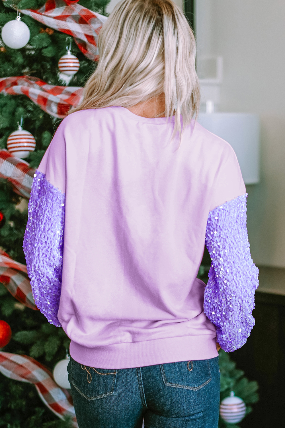 Orchid Petal mardi gras Graphic Sequin Patchwork Long Sleeve Top eAura