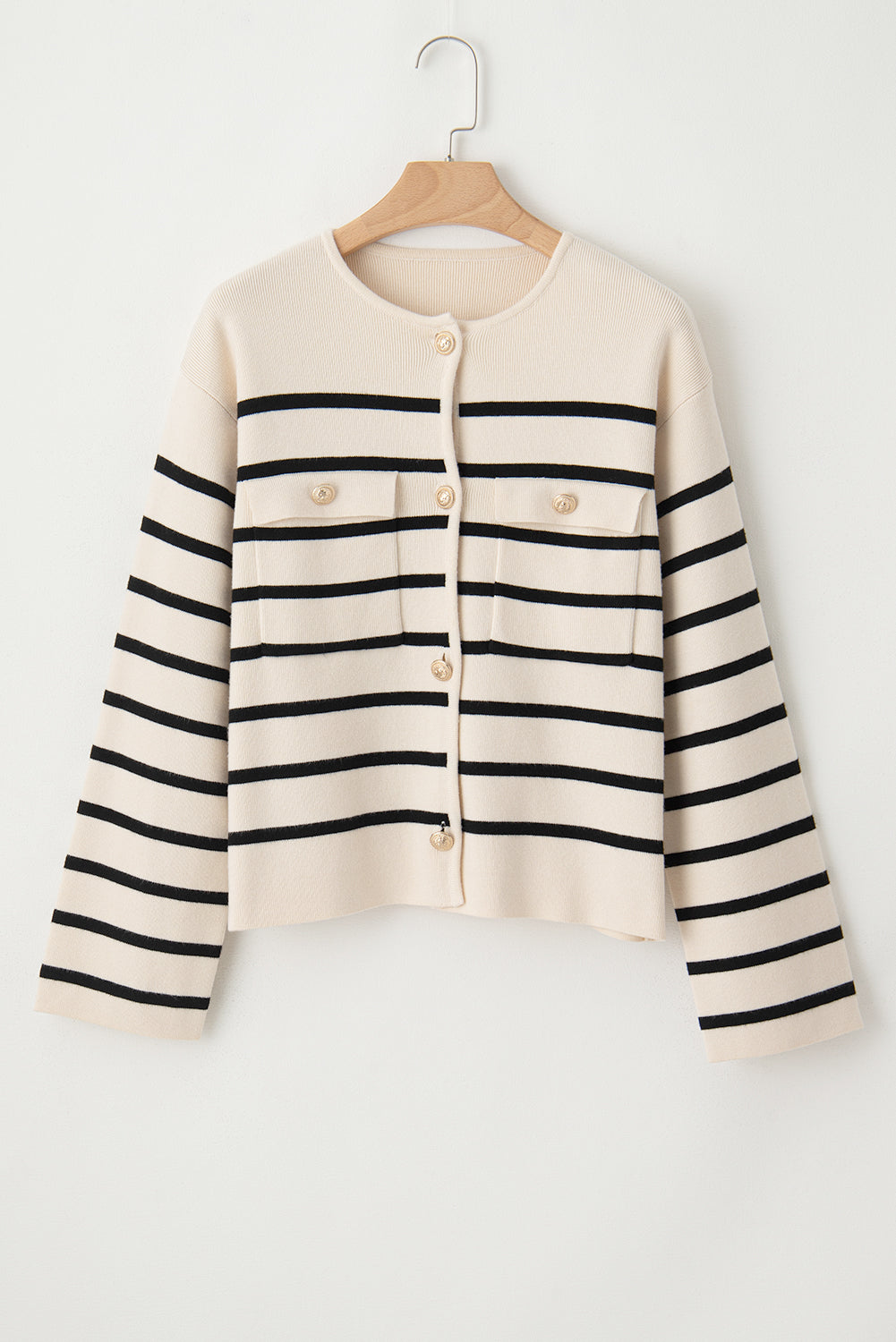 Black Stripe Flap Pocket Buttoned Cardigan Sweater eAura