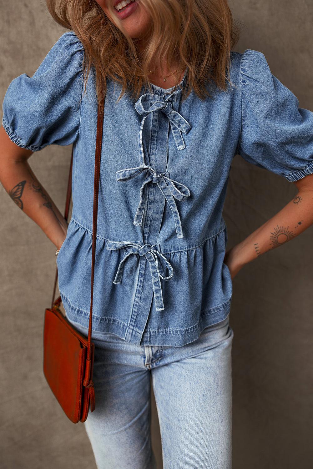 Dusk Blue Tied Front Bubble Sleeve Peplum Denim Shirt eAura