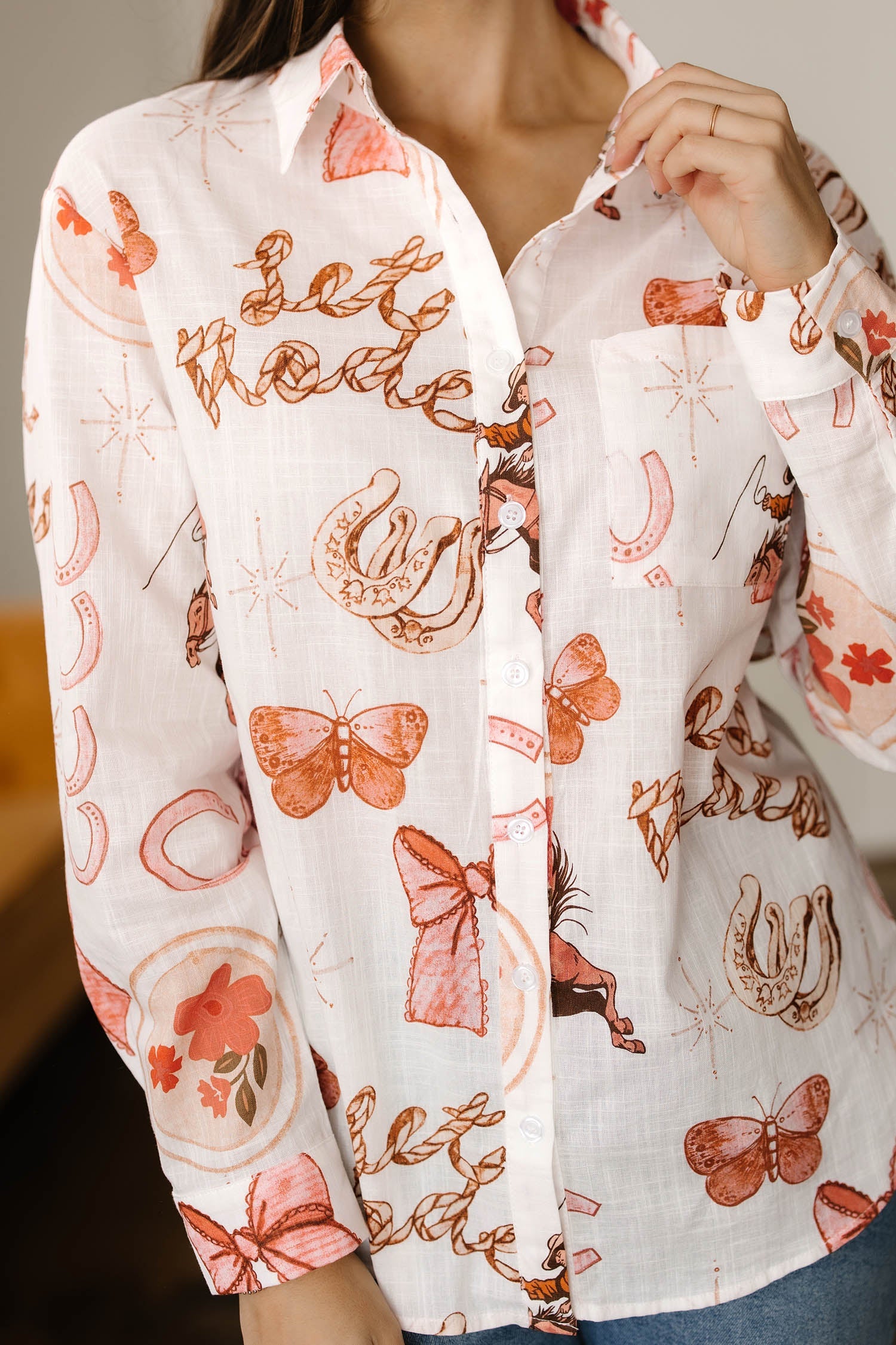 White Rodeo Cowgirl Print Western Button up Shirt - Tops/Blouses & Shirts