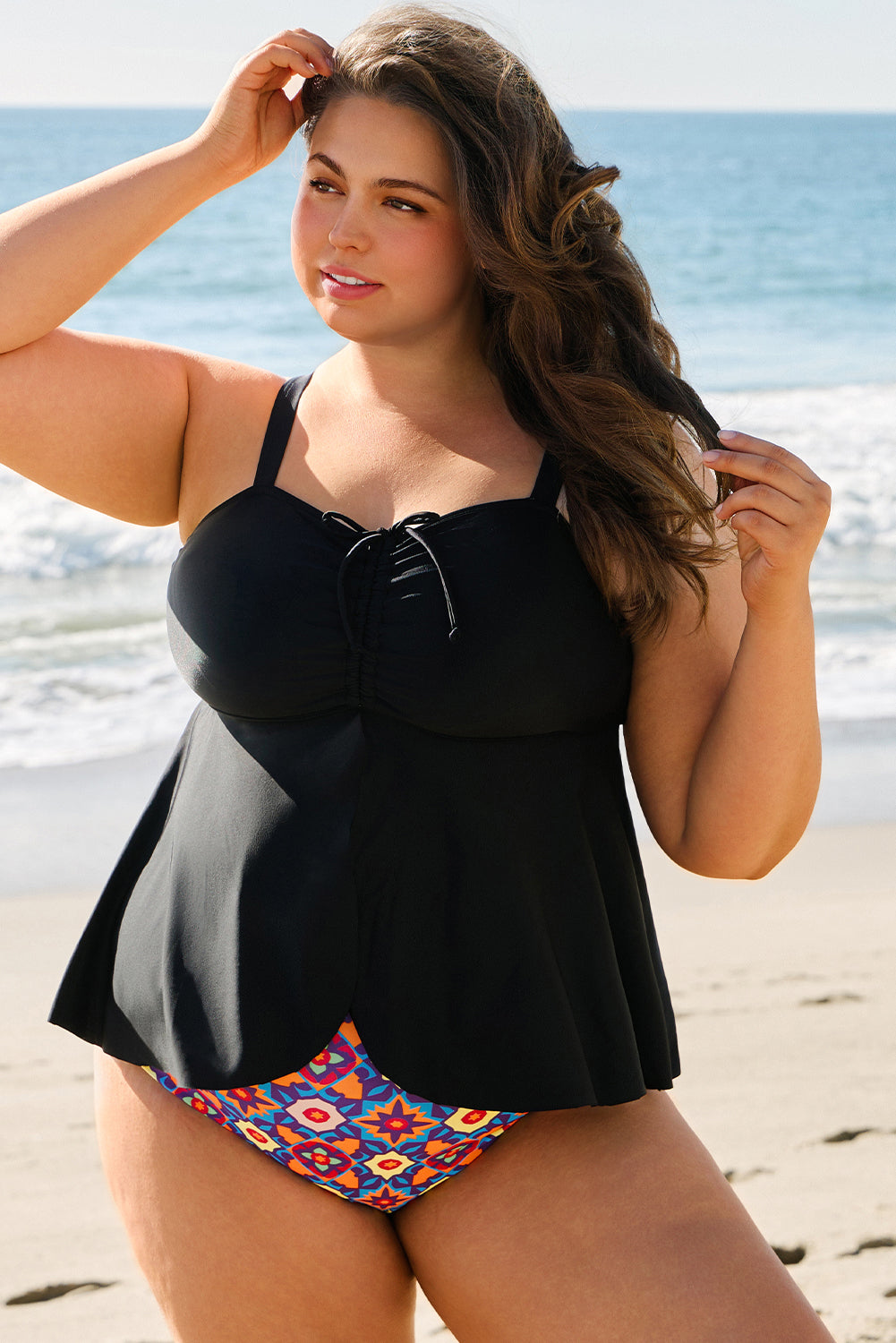 Black Drawstring Tied Front Flared Top Geometric Print Bottom Plus Size Tankinis BB Fashion Outlet