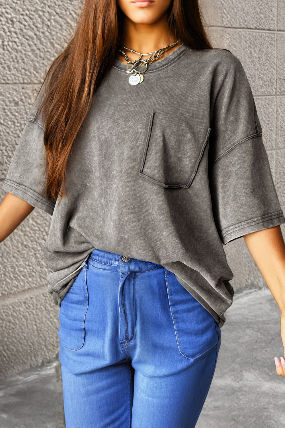 Philippine Grey Mineral Wash Half Sleeve Boyfriend Vintage T Shirt - eAura