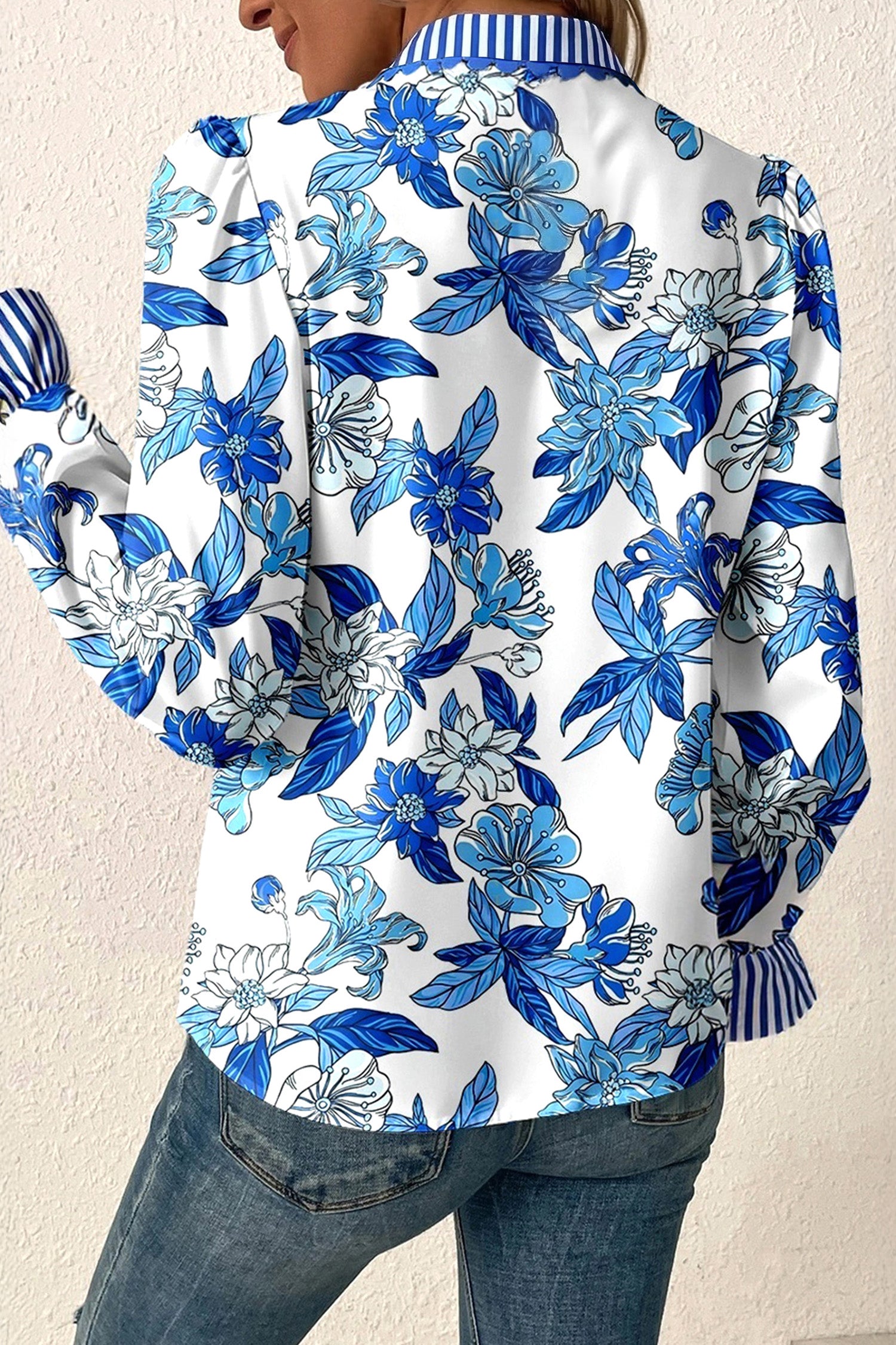 Floral Print Striped Patchwork Long Flounce Sleeve Ricrac Trim V Neck Blouse – Sky Blue