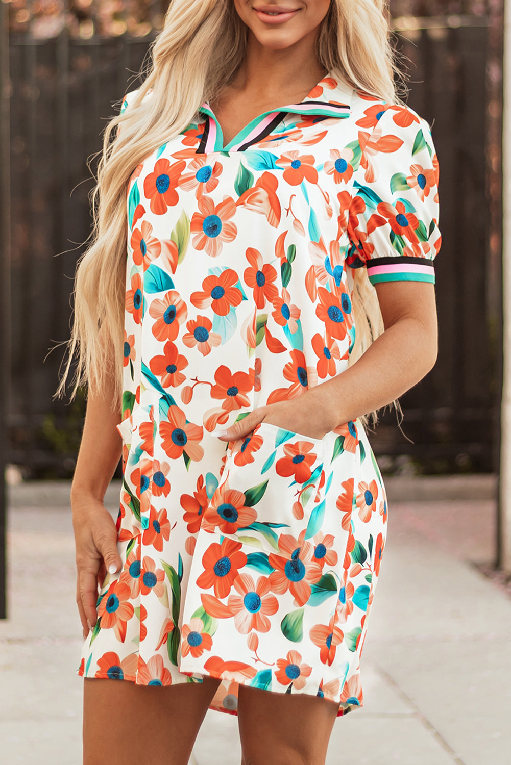 Contrast Trim Floral Split Neck Puff Short Sleeve Tiered Mini Dress eAura