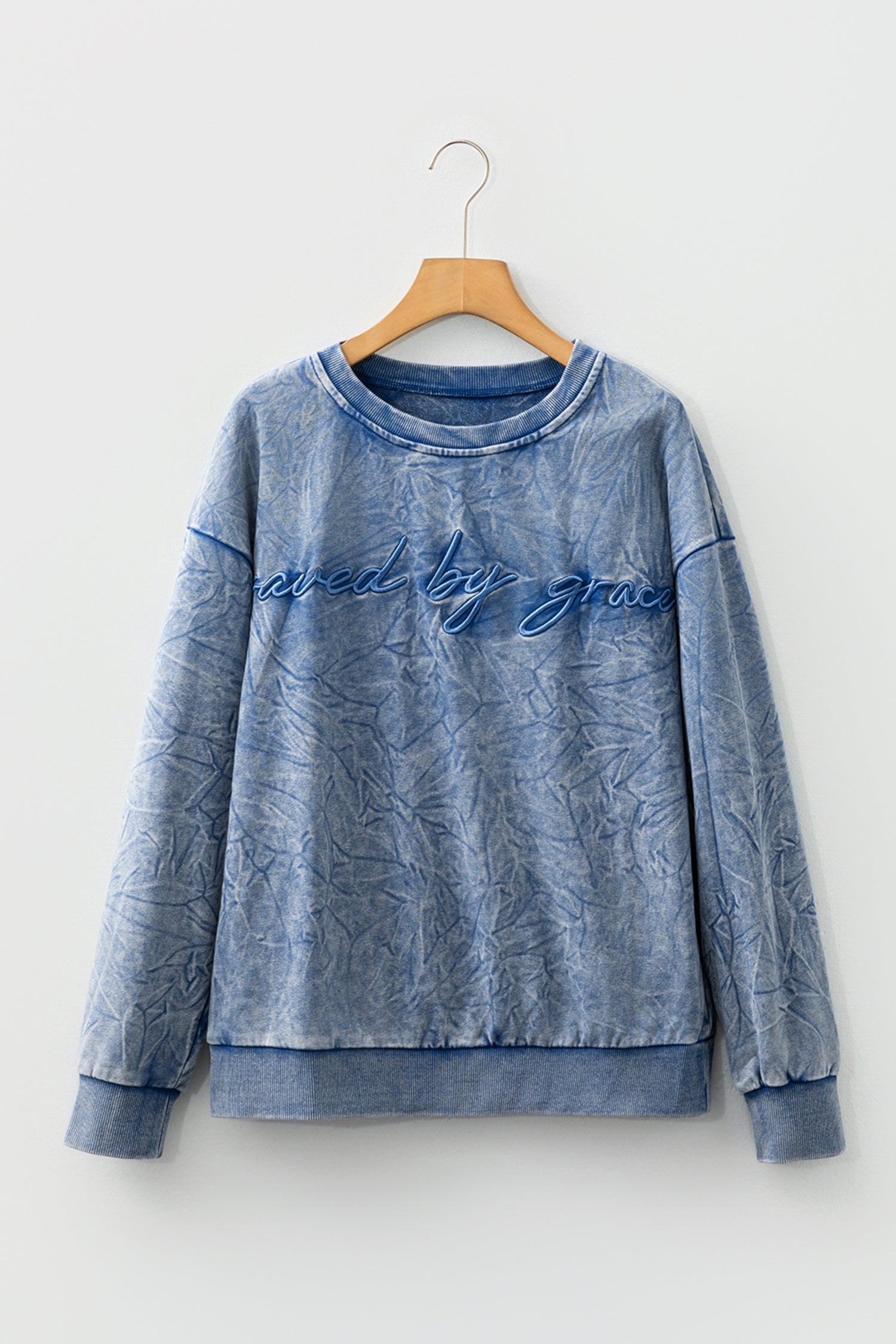 "Saved By Grace" Letter Embroidery Mineral Wash Loose Sweatshirt - eAura