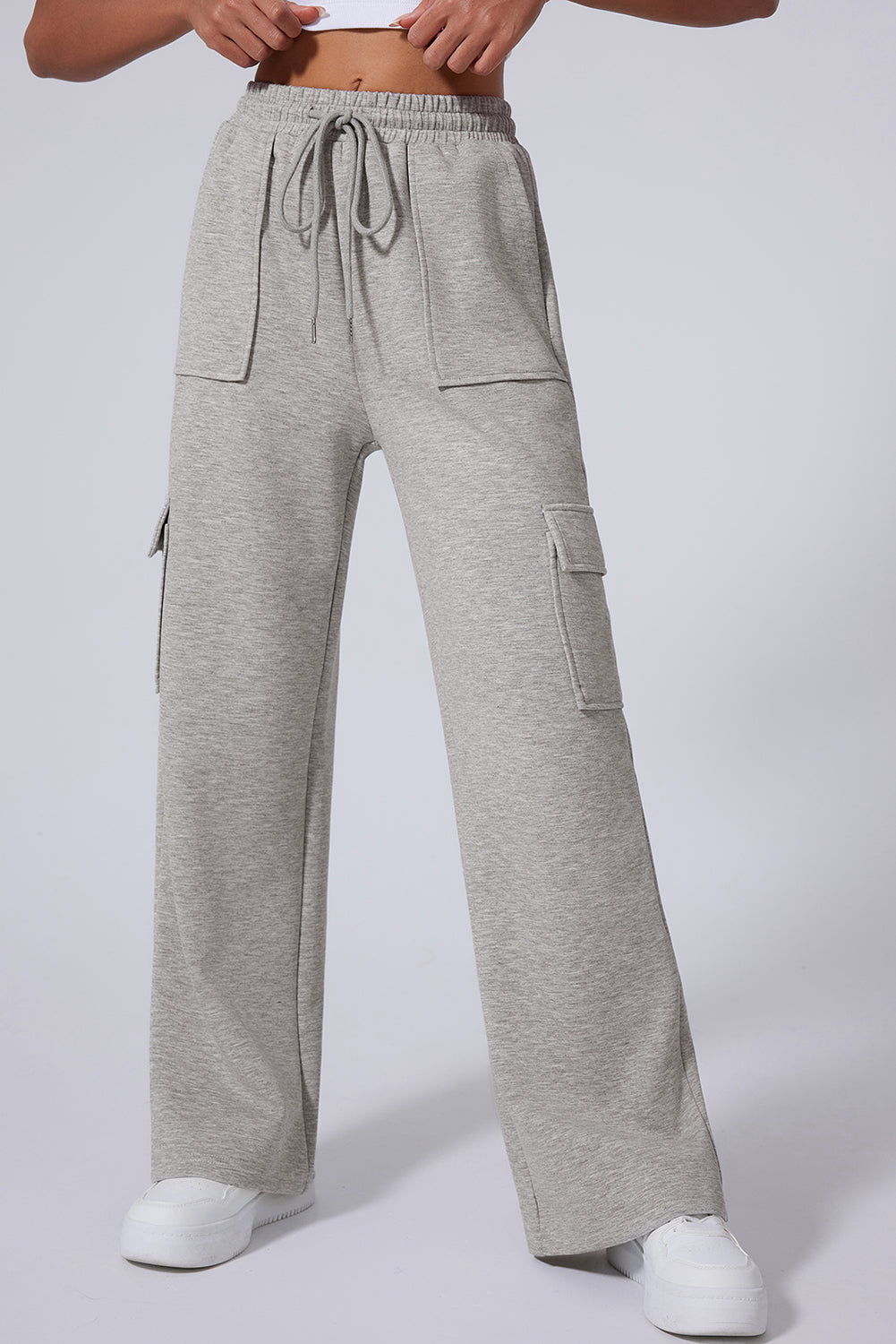 Light Grey Multi Pockets Lace-up High Waist Wide Leg Workout Trousers eAura