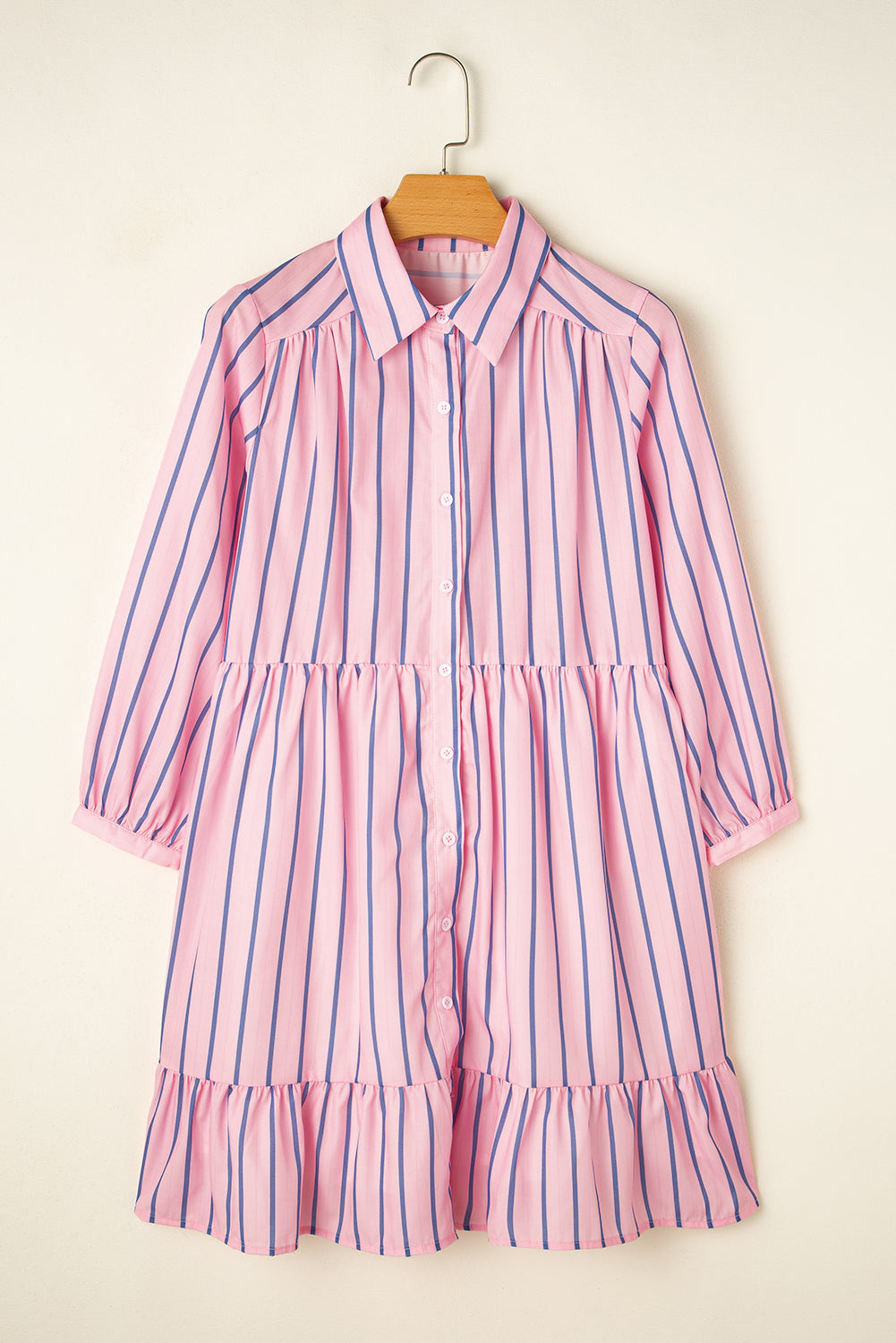 Pink Stripe Ruffled Hem Button-up Collared Shirt Mini Dress Beagle Boutique Fashion Outlet