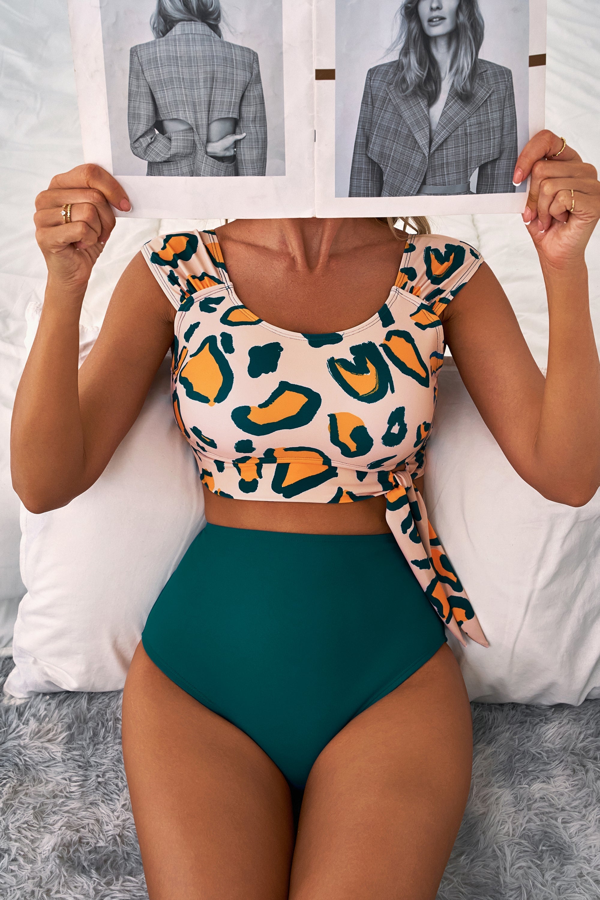 Green Leopard Print U Neck Knotted High Waist Bikini Set eAura