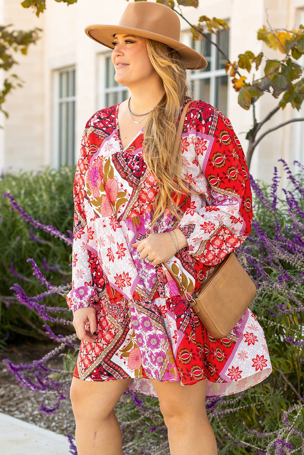 Rose Mixed Floral Long Sleeve V Neck Lace-up Hollowed Back Plus Size Dress BB Fashion Outlet