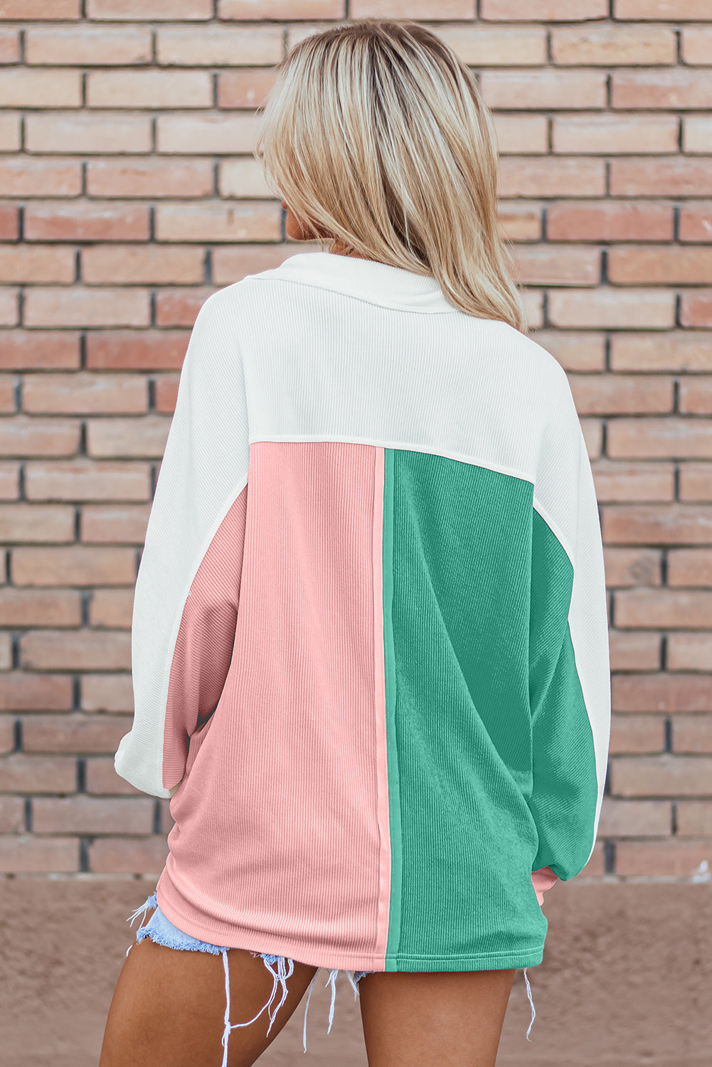 Pink Colourblock Ribbed Collared Oversized Sweatshirt eAura