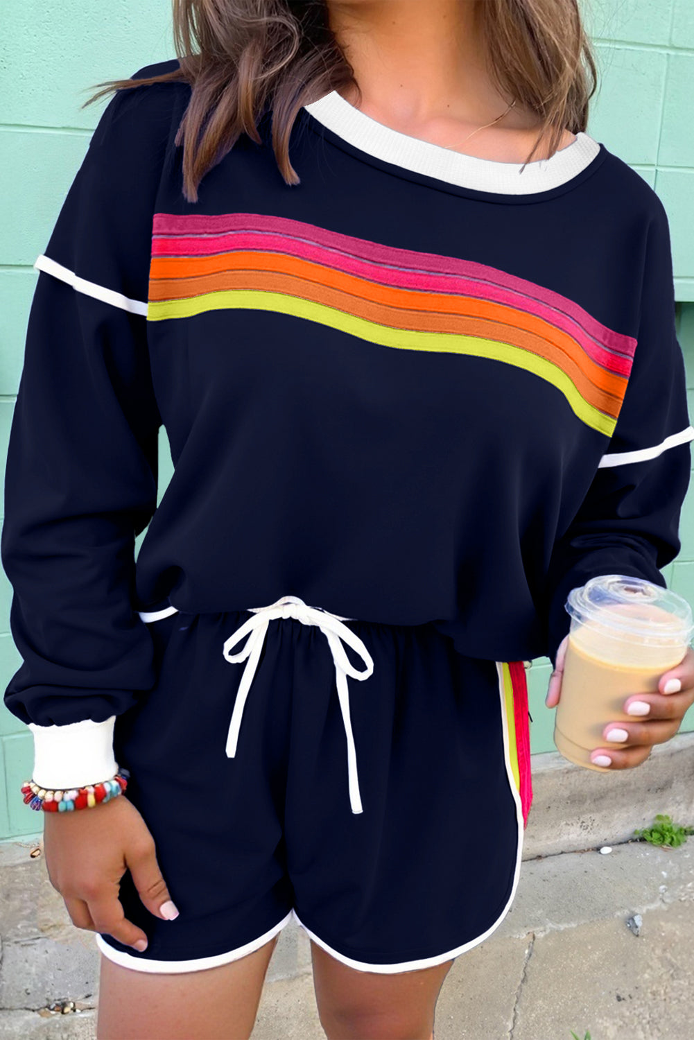 Colourful Striped Accent Varsity Long Sleeve Pullover and Shorts Matching Set - eAura
