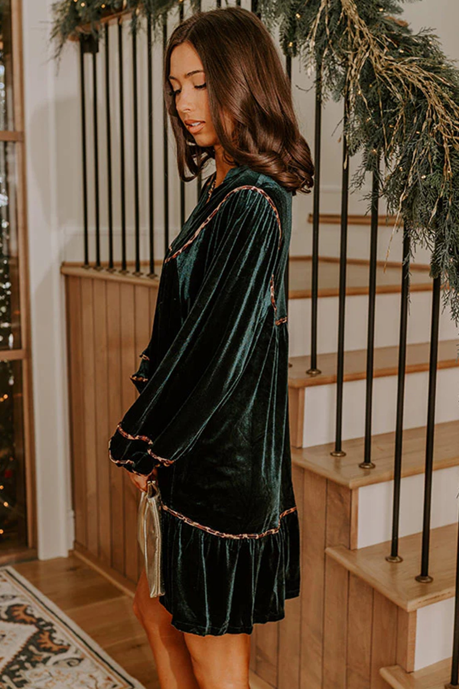 Leopard Trim Velvet Long Sleeve Shift Dress – Blackish Green