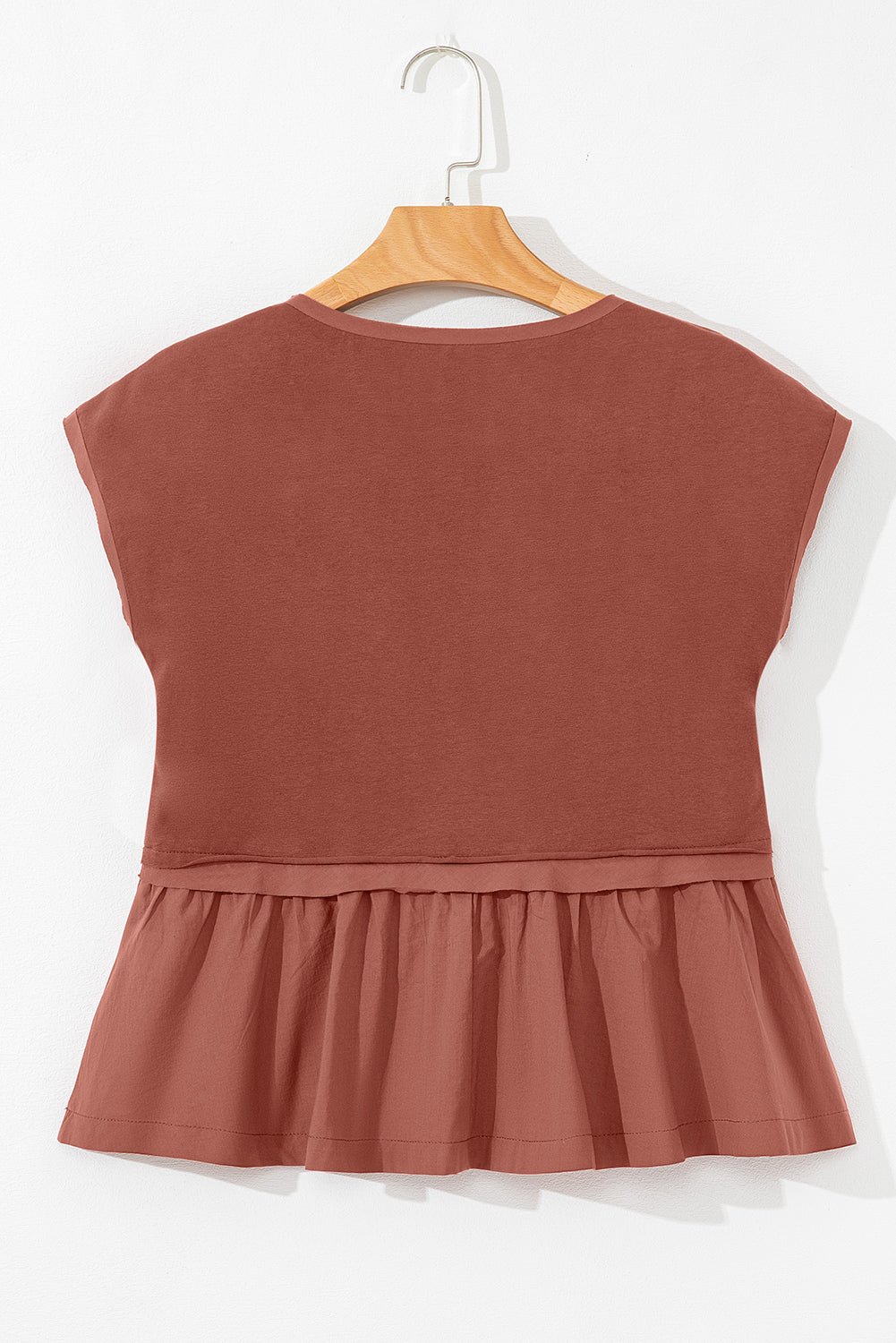 Chestnut Short Sleeve U Neck Buttons Splicing Ruffle Blouse eAura