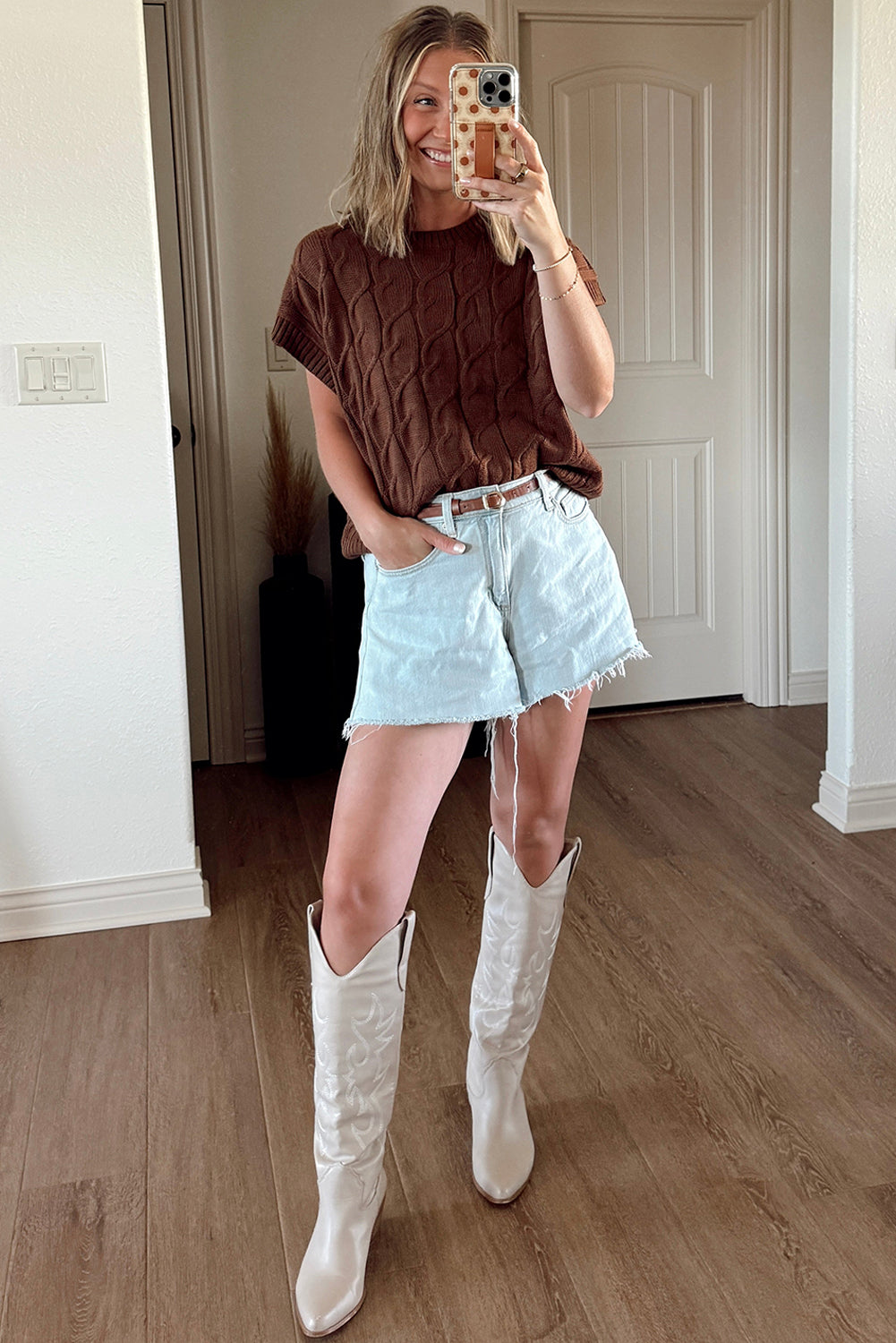 Cable Texture Crew Neck Short Sleeve Sweater Top