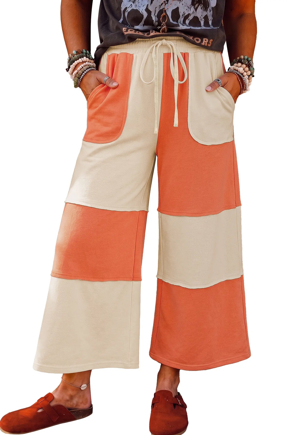 Raw Seam Colourblock Wide Leg Ankle Length Casual Pants – Fiery Red