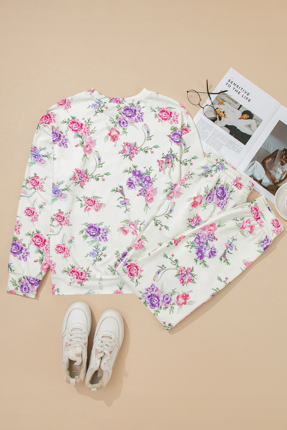Floral Print Pullover Drawstring Lounge Pants Set - eAura