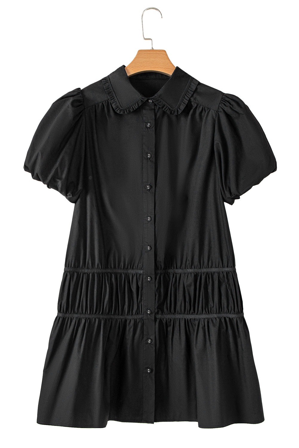 Black Shirt Style Button Down Puff Sleeve Ruffle Hem Dress eAura