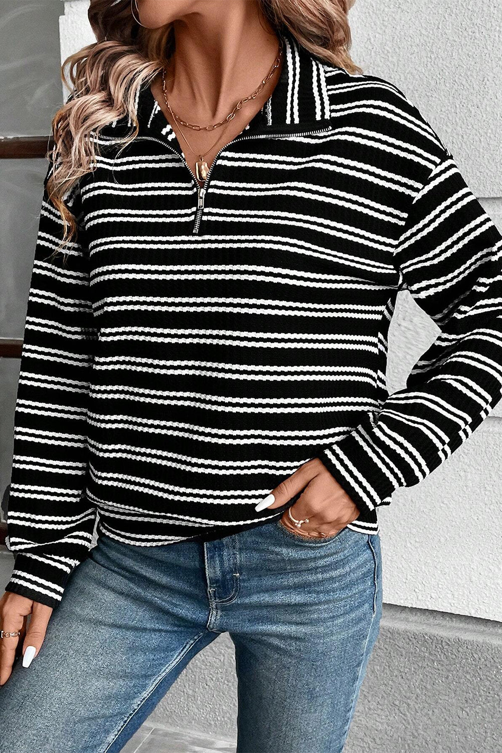 Black Stripe Textured Quarter Zip Collar Long Sleeve Top Beagle Boutique Fashion Outlet