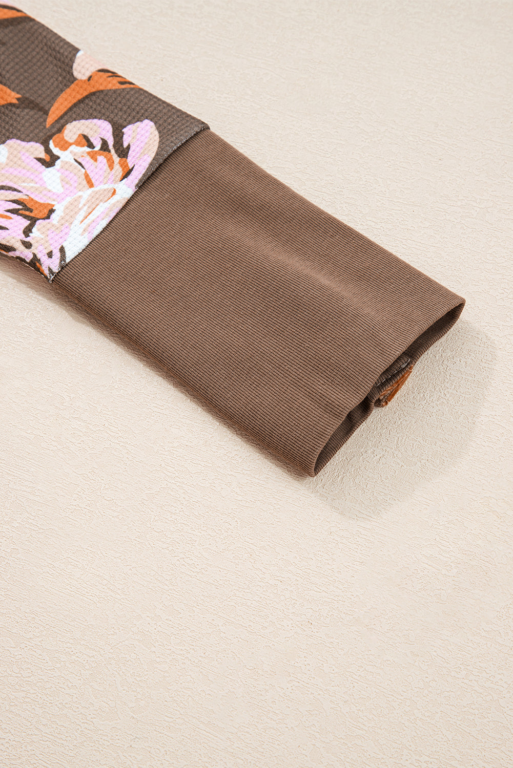 Brown Floral Print Waffle Textured Long Sleeve Top - eAura