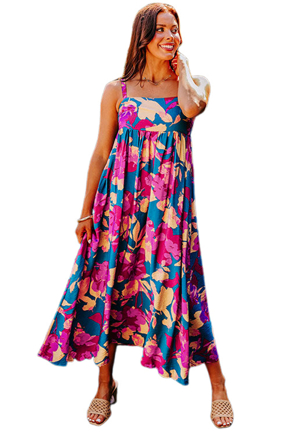 Dark Blue Floral High Waist Sleeveless Flared Long Dress eAura