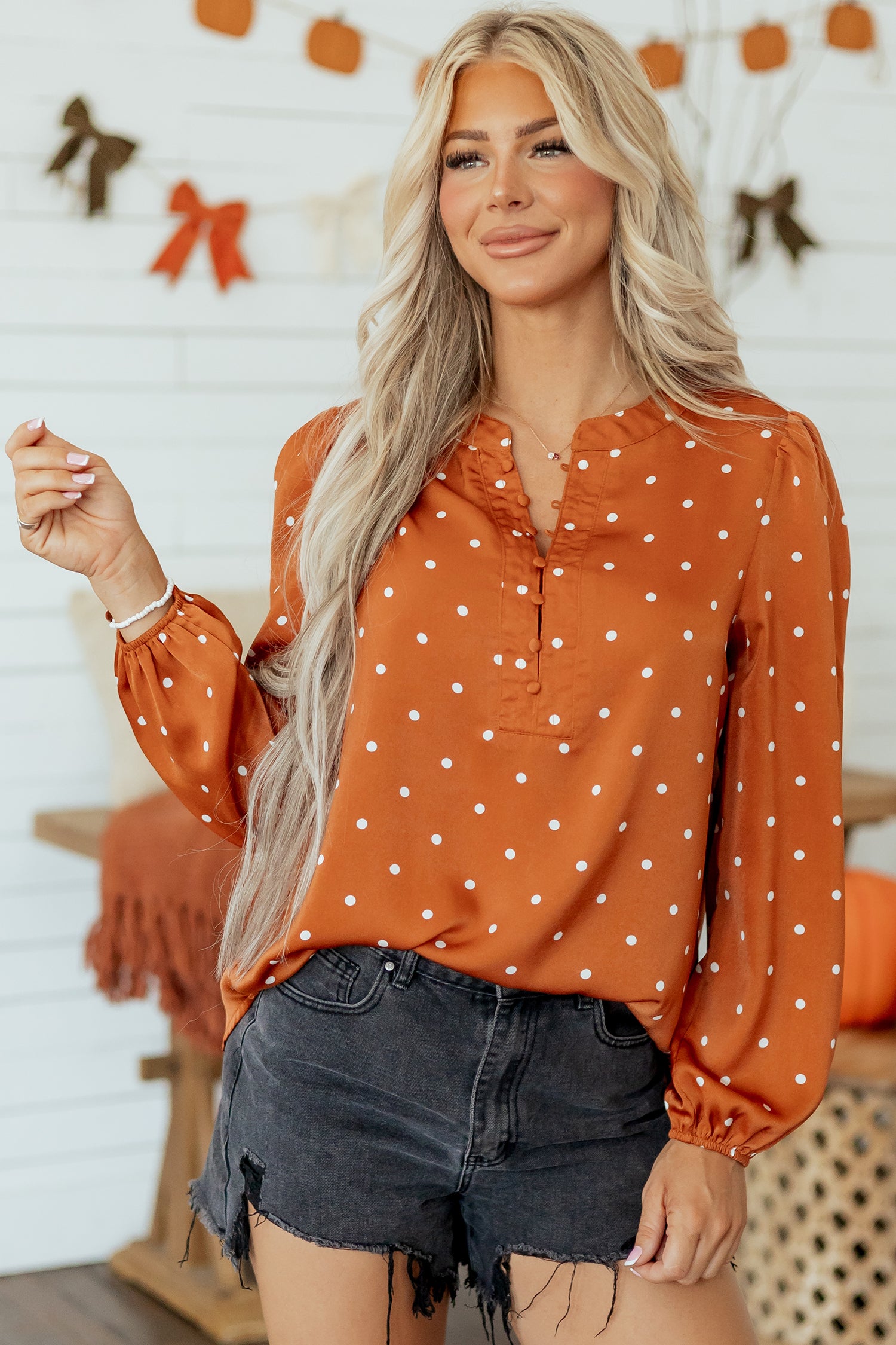 Polka Dot Half Button V Neck Long Sleeve Blouse – Brown