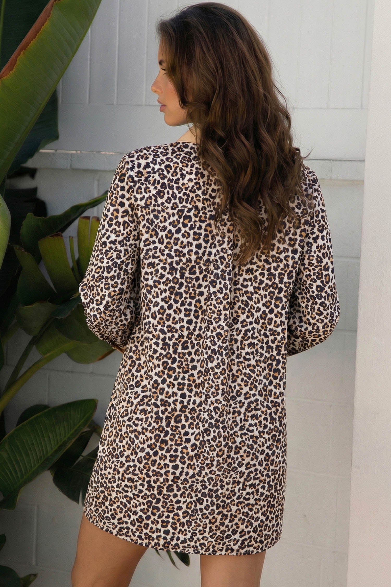 Multicolour Button Striped Collar Leopard Print Long Sleeve Dress