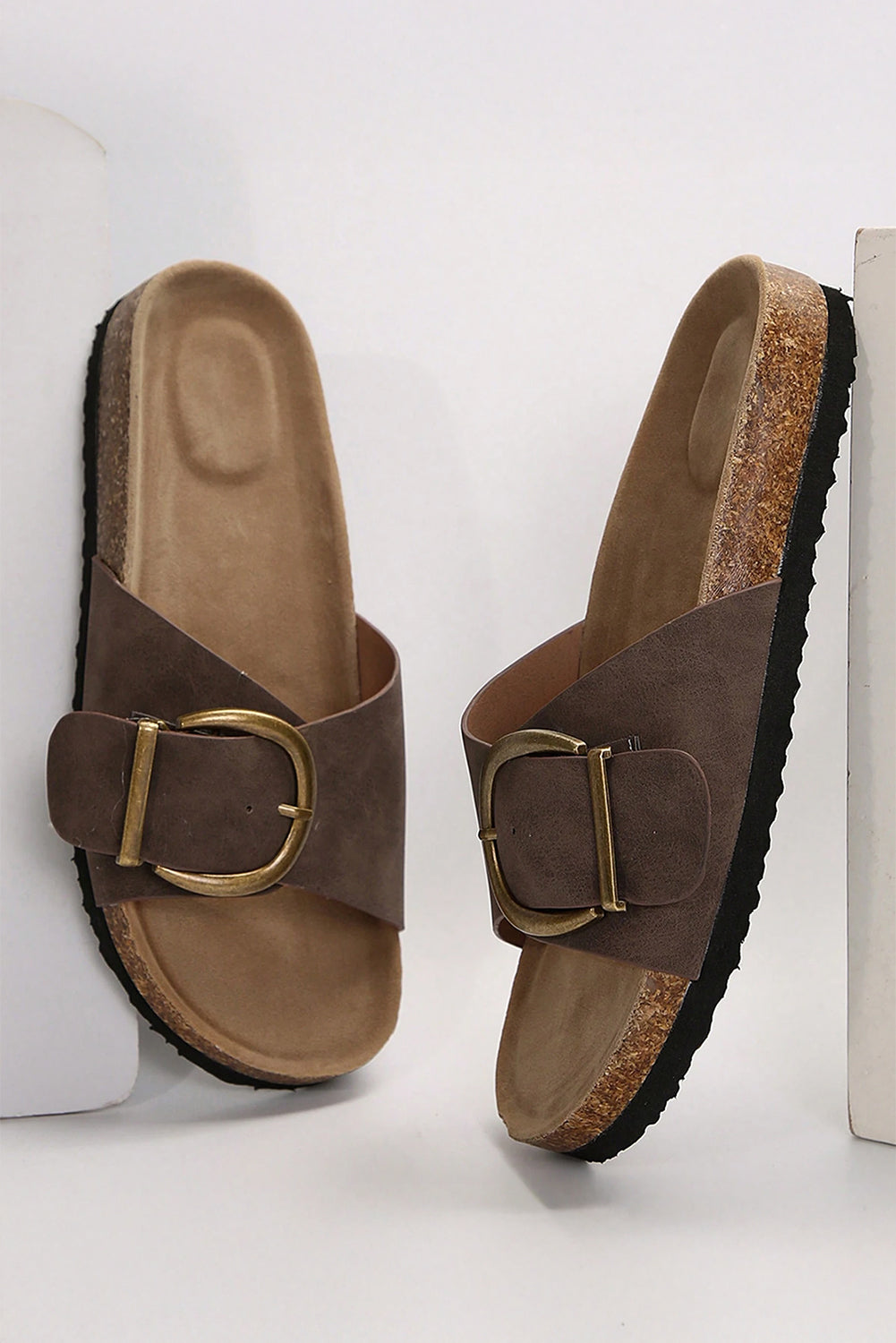 Brown Buckle Decor Faux Suede Thick Sole Sandals