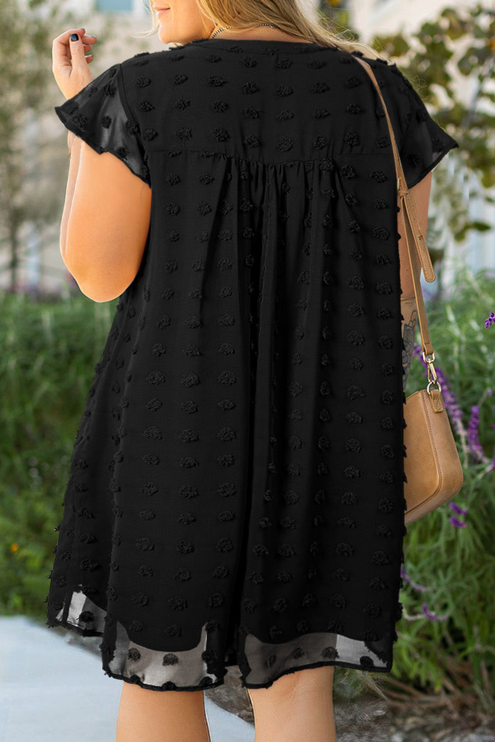 Black Dotty Textured Notched Neck Plus Ruffled Dress BB Fashion Outlet