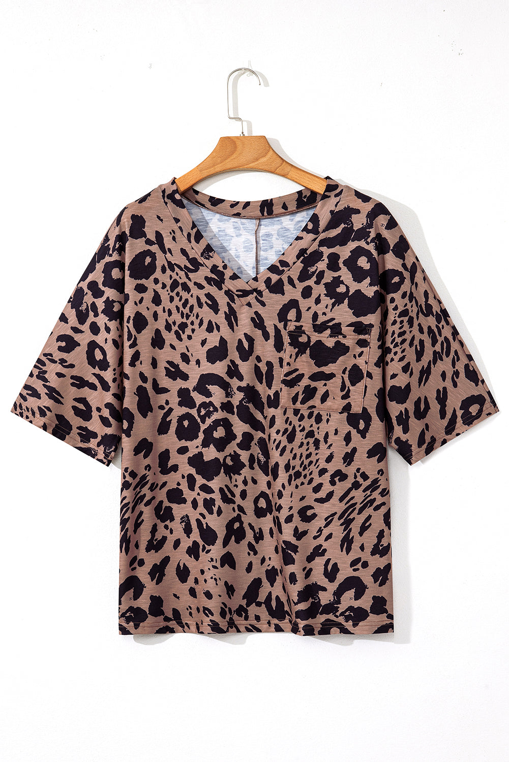 Brown Leopard Print V Neck Half Sleeve Oversized Tee eAura