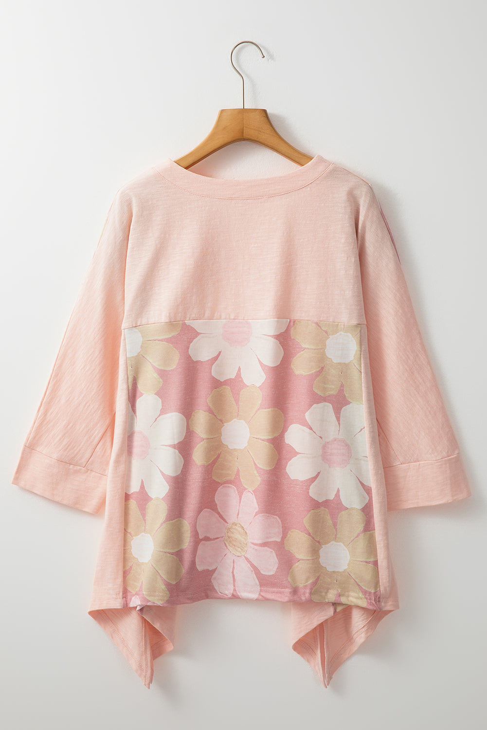 Pink Flower Patchwork Exposed Seam Oversized High Low Top eAura