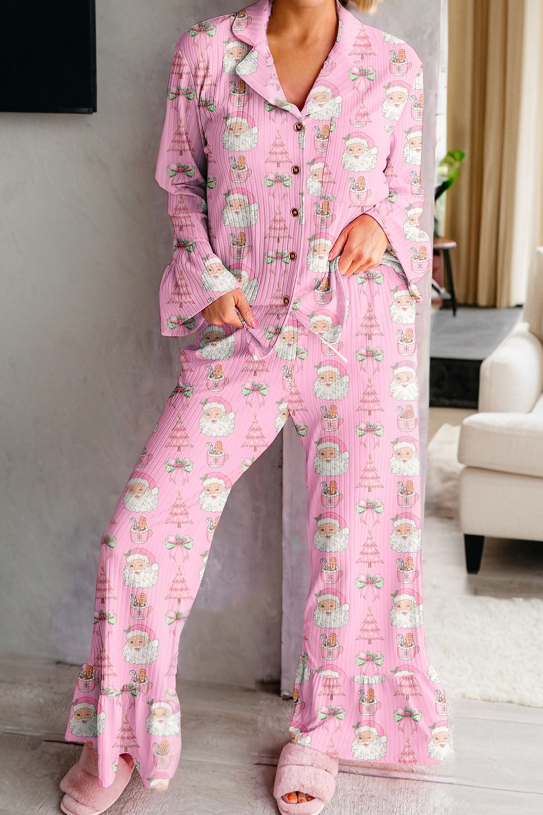 Pink Christmas Print Ruffled Ribbed Shirt & Pants 2 Piece PJ Set - eAura