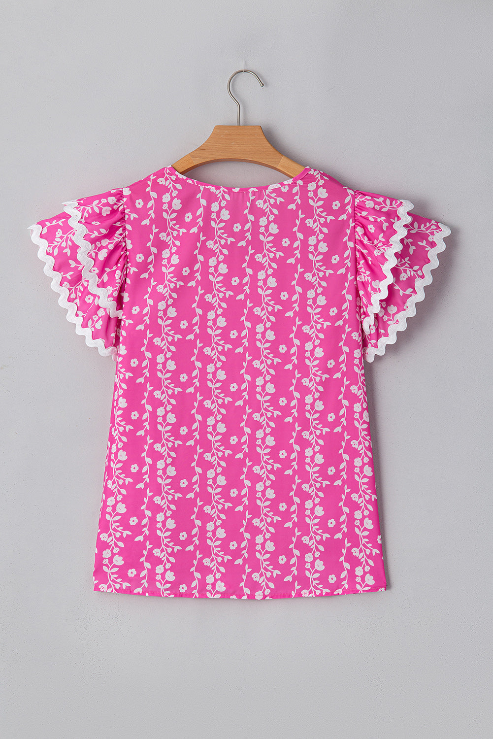 Pink Floral Print Ric-rac Tiered Ruffled V Neck Blouse eAura