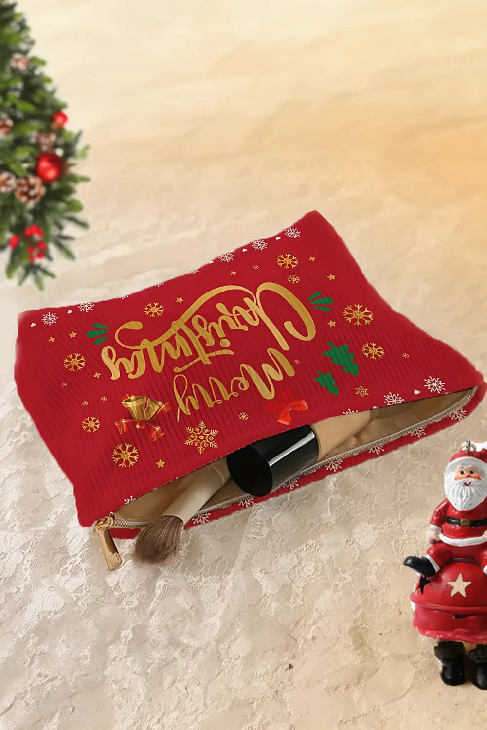 Christmas Fashion Print Corduroy Zip Up Cosmetic Bag