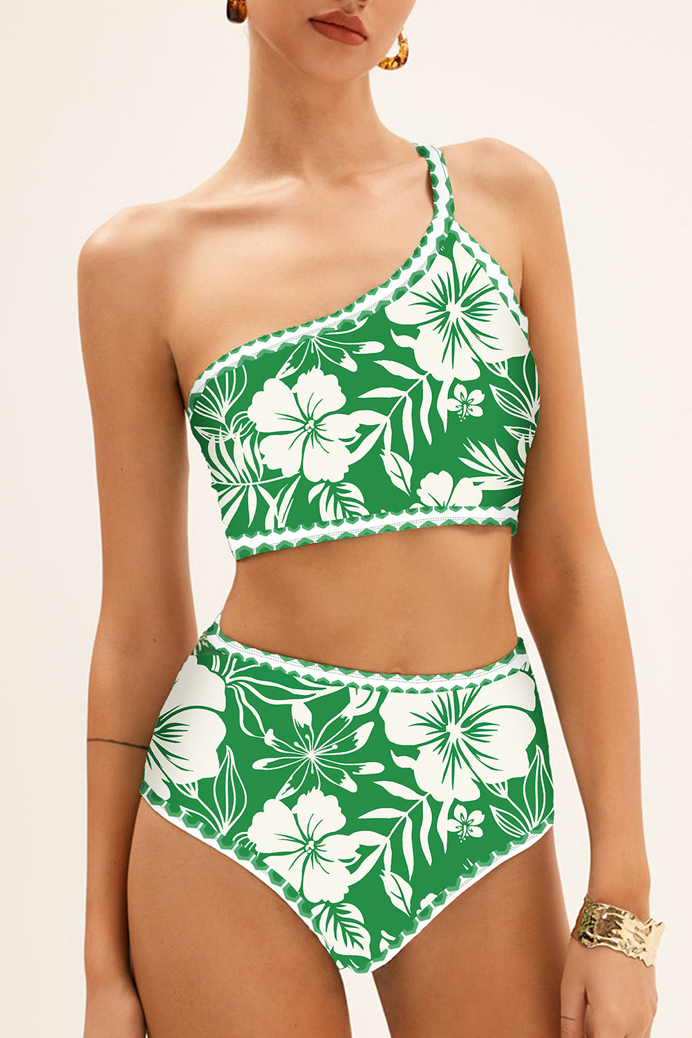Green Floral Print One Shoulder High Waist Bikini Set eAura